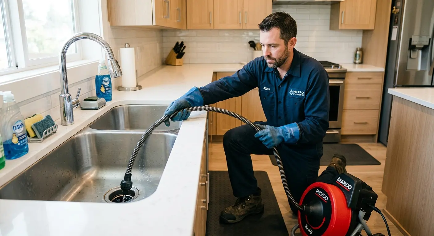 Drain cleaning technician using a motorized snake on a kitchen sink in Escanaba