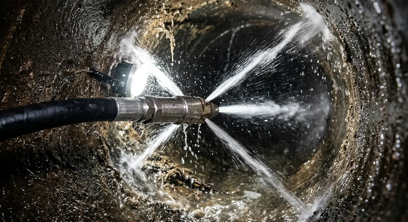 High-pressure hydro jetting nozzle cleaning sewer pipe for Sewer Cleanout in Escanaba