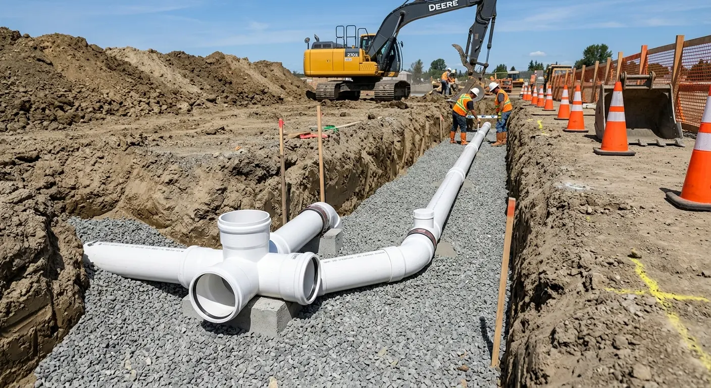 New PVC sewer pipe installation in open trench for Sewer Backup in Escanaba