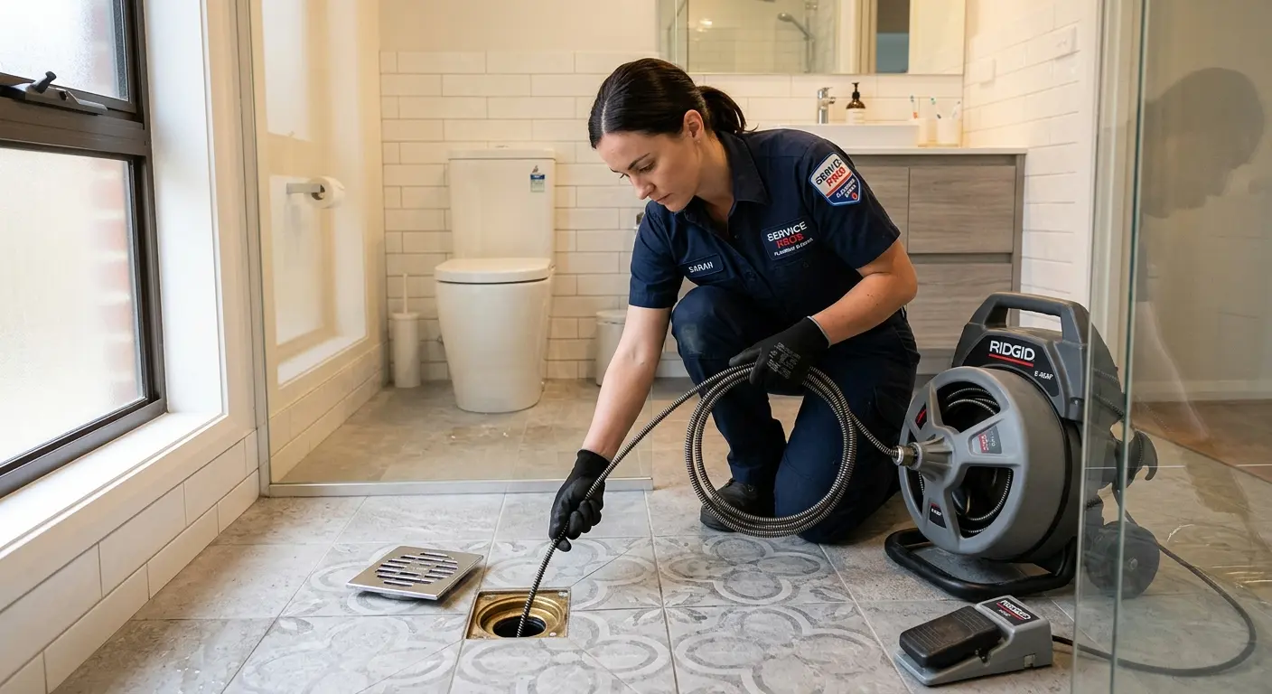 Technician clearing a bathroom floor drain for Drain Cleaning in Escanaba